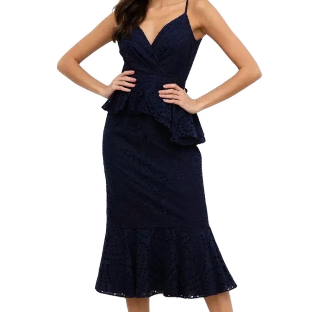 Yumi Kim small Navy Blue Lace Midi Open-Back Eyelet Dress NWT